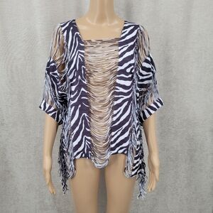Vintage Zebra Print Fringe See Through Sliced Thrashed Tee Top